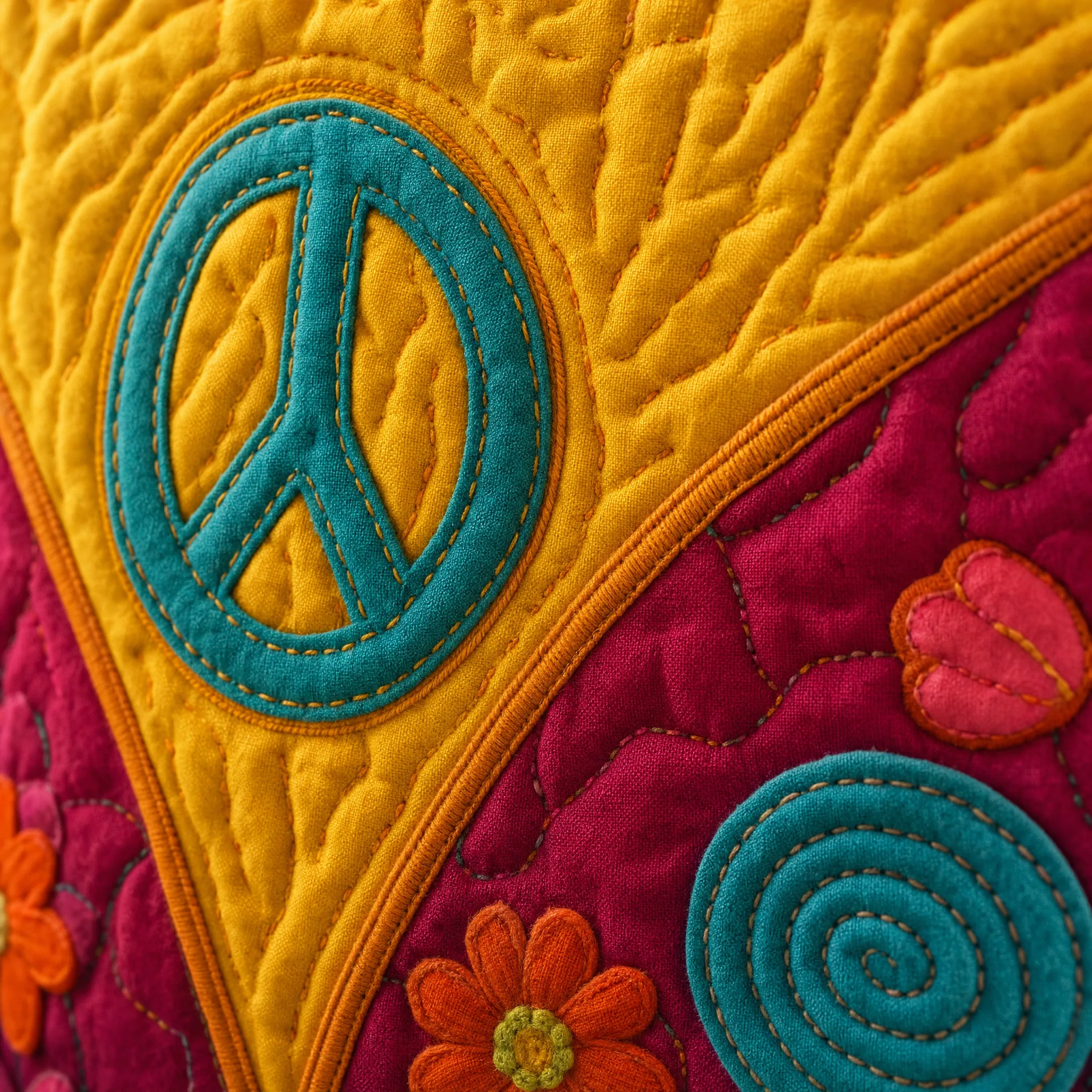 Close-up of the hand stitching and layered applique on a HippieBus Weekender