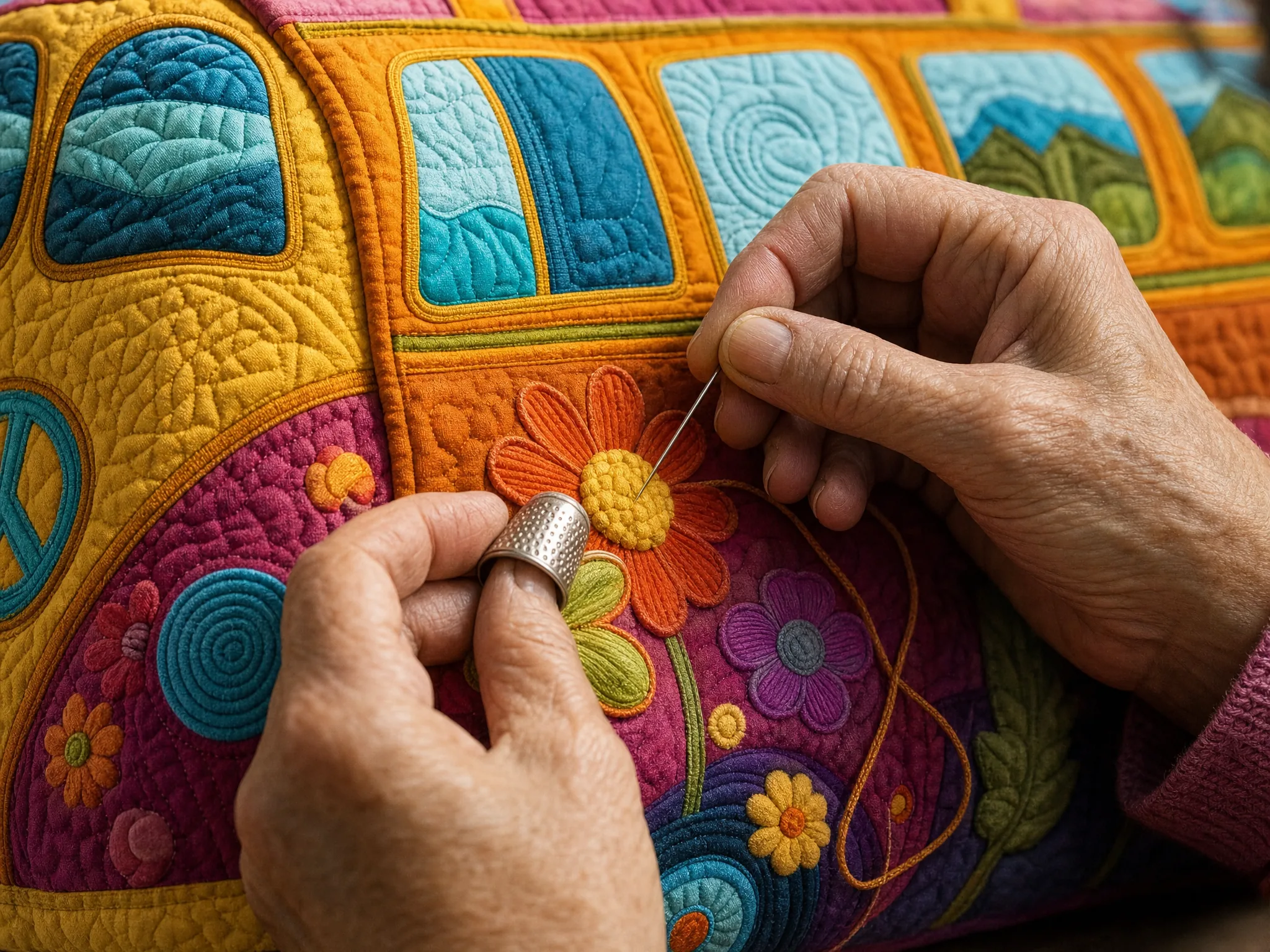 A maker's hands quilting the layered fabric of a HippieBus Weekender