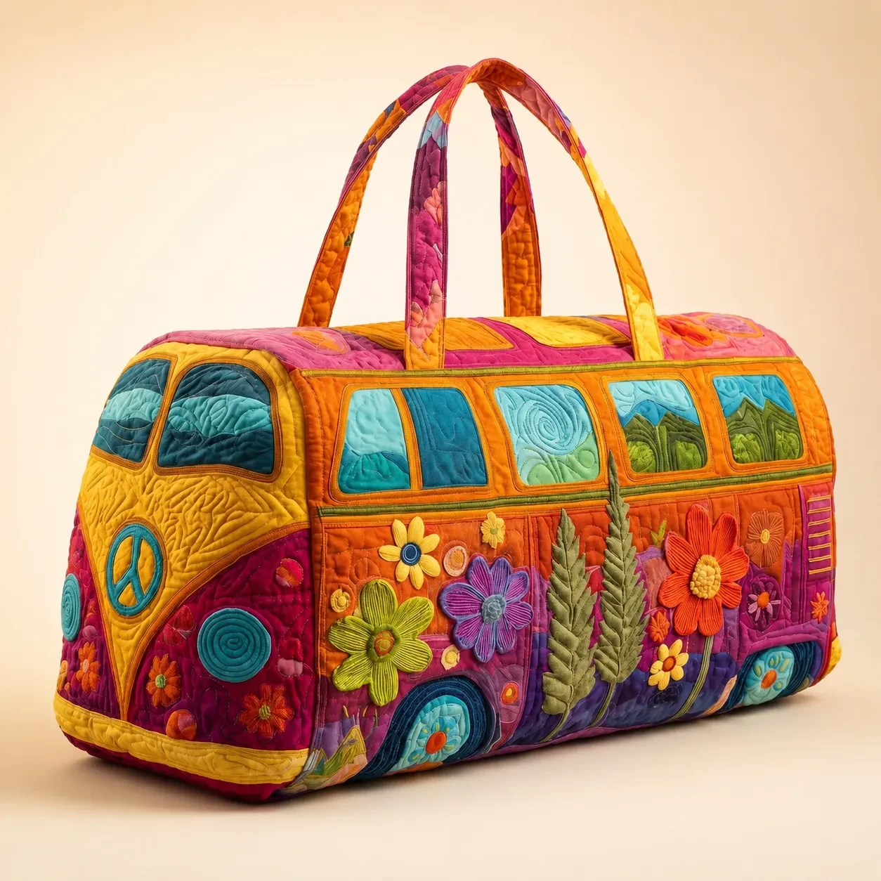 The HippieBus Weekender bag with hand-appliqued boho design